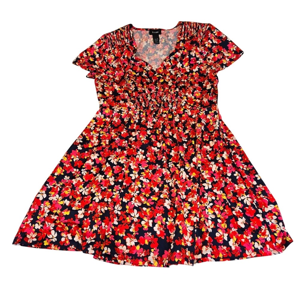 B. Calm XL Floral Print Dress Red Pink Navy Blue Short Sleeve Womens